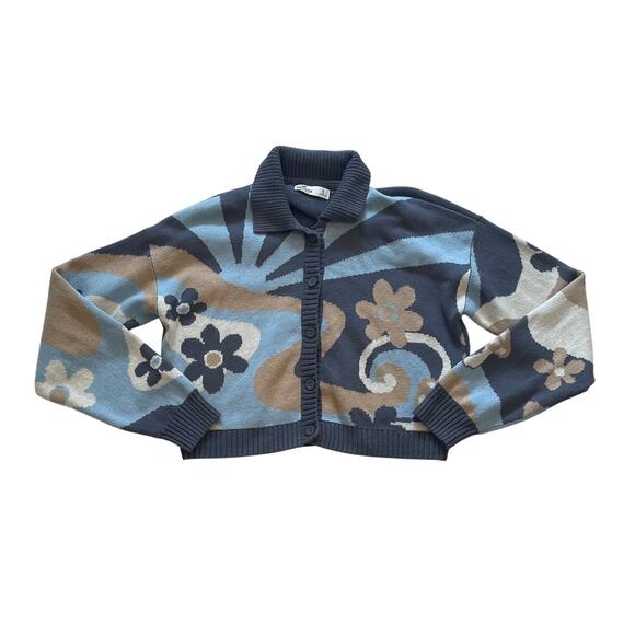 Hollister Cotton Blend Blue Cropped Cardigan, Mushrooms, Flowers, Size S - Picture 7 of 14